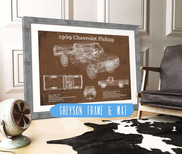 14" x 11" / Greyson Frame & Mat Cutler West 1969 Chevy Shortbox Pickup Vintage Blueprint Auto Print