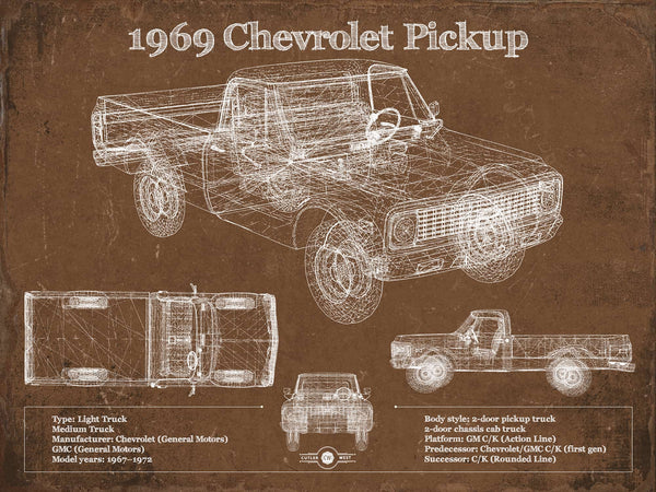 14" x 11" / Unframed Cutler West 1969 Chevy Shortbox Pickup Vintage Blueprint Auto Print