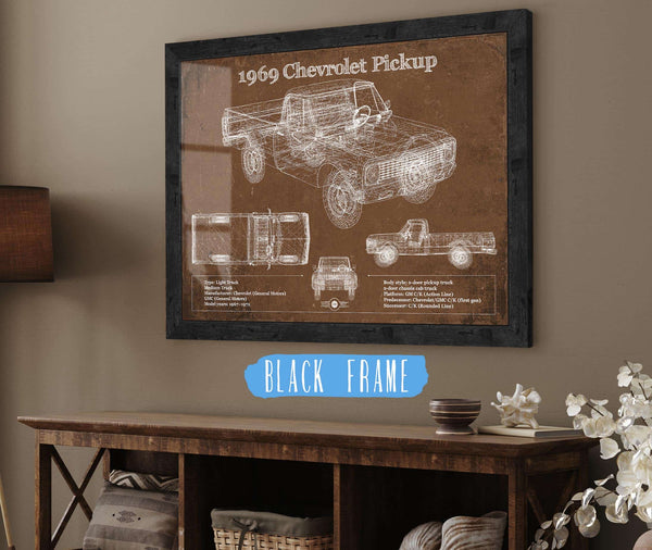 20" x 16" / Black Frame Cutler West 1969 Chevy Shortbox Pickup Vintage Blueprint Auto Print
