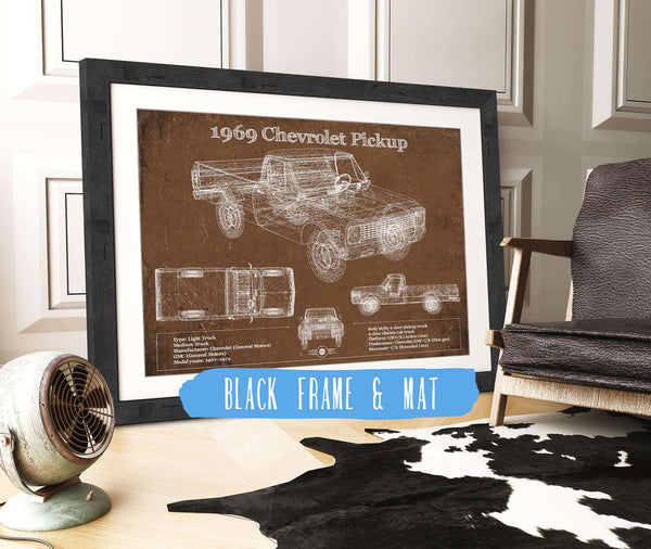 20" x 16" / Black Frame & Mat Cutler West 1969 Chevy Shortbox Pickup Vintage Blueprint Auto Print