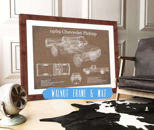20" x 16" / Walnut Frame & Mat Cutler West 1969 Chevy Shortbox Pickup Vintage Blueprint Auto Print