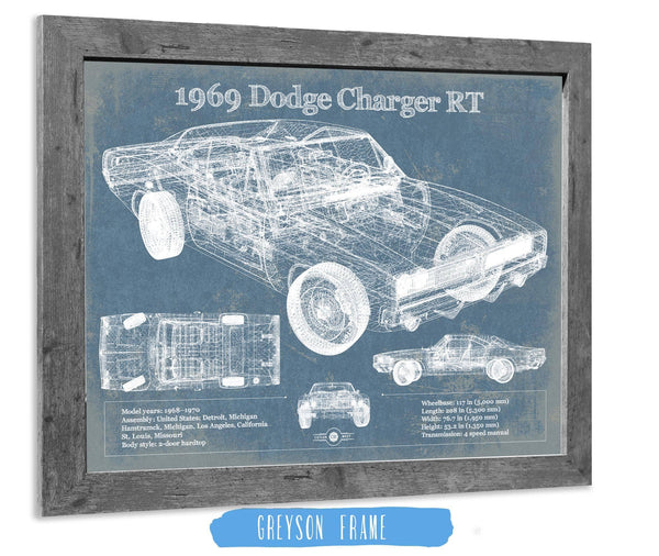 14" x 11" / Greyson Frame Cutler West 1969 Dodge Charger R/T Blueprint Vintage Auto Print