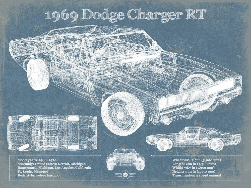 14" x 11" / Stretched Canvas Wrap Cutler West 1969 Dodge Charger R/T Blueprint Vintage Auto Print