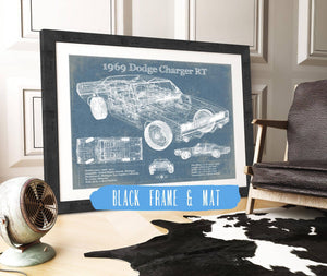 20" x 16" / Black Frame & Mat Cutler West 1969 Dodge Charger R/T Blueprint Vintage Auto Print