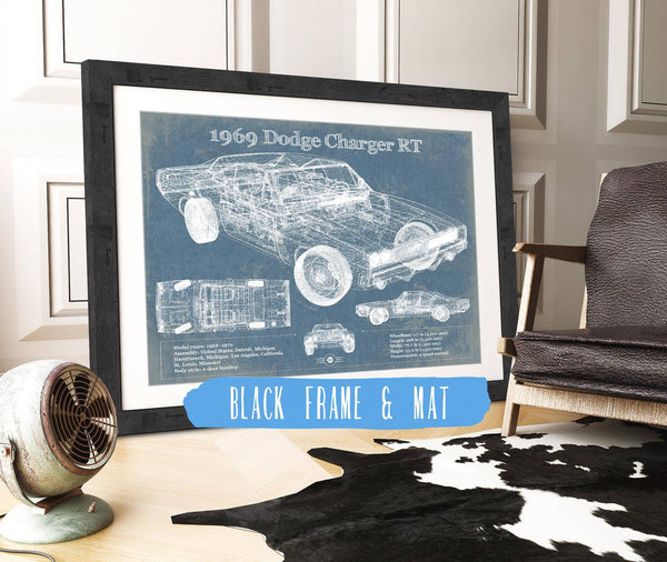20" x 16" / Black Frame & Mat Cutler West 1969 Dodge Charger R/T Blueprint Vintage Auto Print