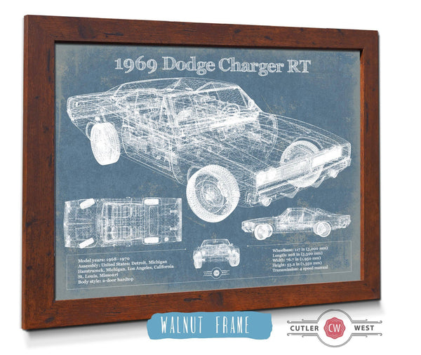 20" x 16" / Walnut Frame Cutler West 1969 Dodge Charger R/T Blueprint Vintage Auto Print