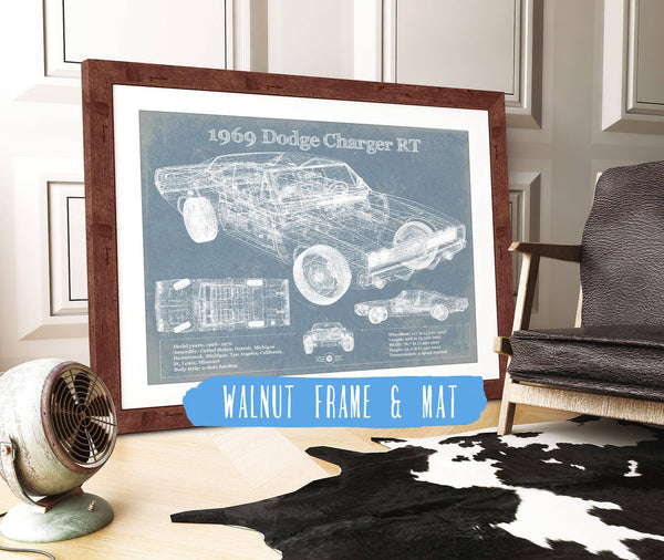 20" x 16" / Walnut Frame & Mat Cutler West 1969 Dodge Charger R/T Blueprint Vintage Auto Print