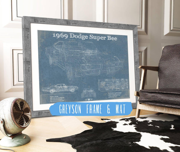 14" x 11" / Greyson Frame & Mat Cutler West 1969 Dodge Super Bee Blueprint Vintage Auto Print