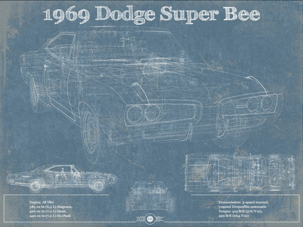 14" x 11" / Stretched Canvas Wrap Cutler West 1969 Dodge Super Bee Blueprint Vintage Auto Print