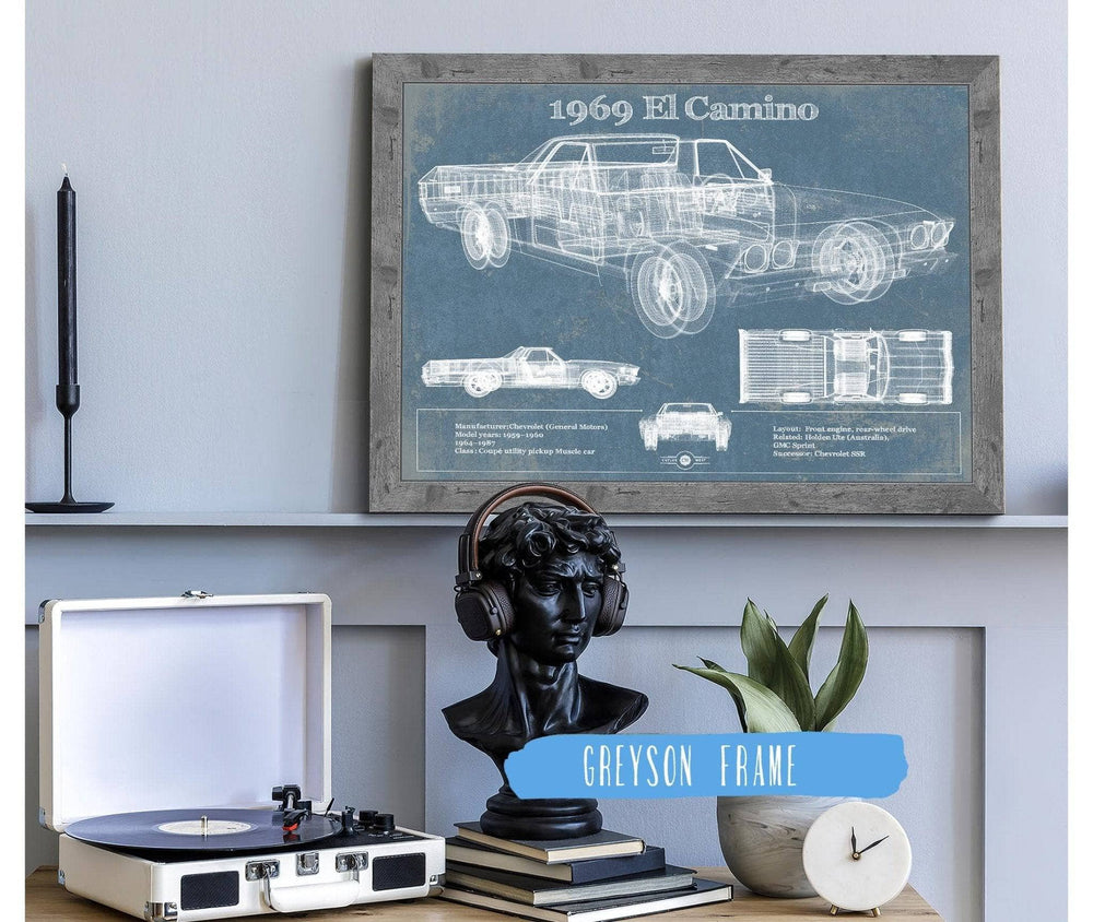 14" x 11" / Stretched Canvas Wrap Cutler West 1969 El Camino Vintage Blueprint Auto Print