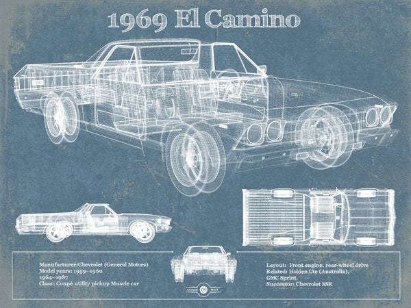 14" x 11" / Unframed Cutler West 1969 El Camino Vintage Blueprint Auto Print