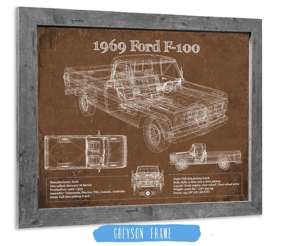 14" x 11" / Greyson Frame Cutler West 1969 Ford F-100 Pickup Vintage Blueprint Auto Print