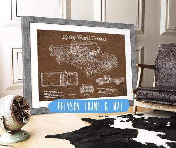 14" x 11" / Greyson Frame & Mat Cutler West 1969 Ford F-100 Pickup Vintage Blueprint Auto Print