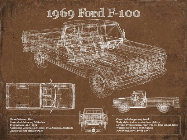 14" x 11" / Unframed Cutler West 1969 Ford F-100 Pickup Vintage Blueprint Auto Print