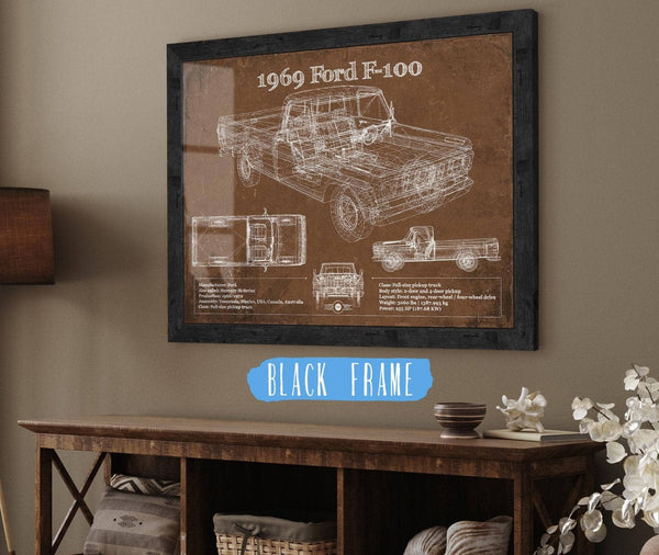 20" x 16" / Black Frame Cutler West 1969 Ford F-100 Pickup Vintage Blueprint Auto Print