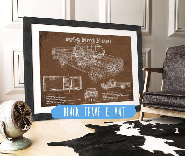 20" x 16" / Black Frame & Mat Cutler West 1969 Ford F-100 Pickup Vintage Blueprint Auto Print