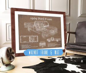 20" x 16" / Walnut Frame Cutler West 1969 Ford F-100 Pickup Vintage Blueprint Auto Print