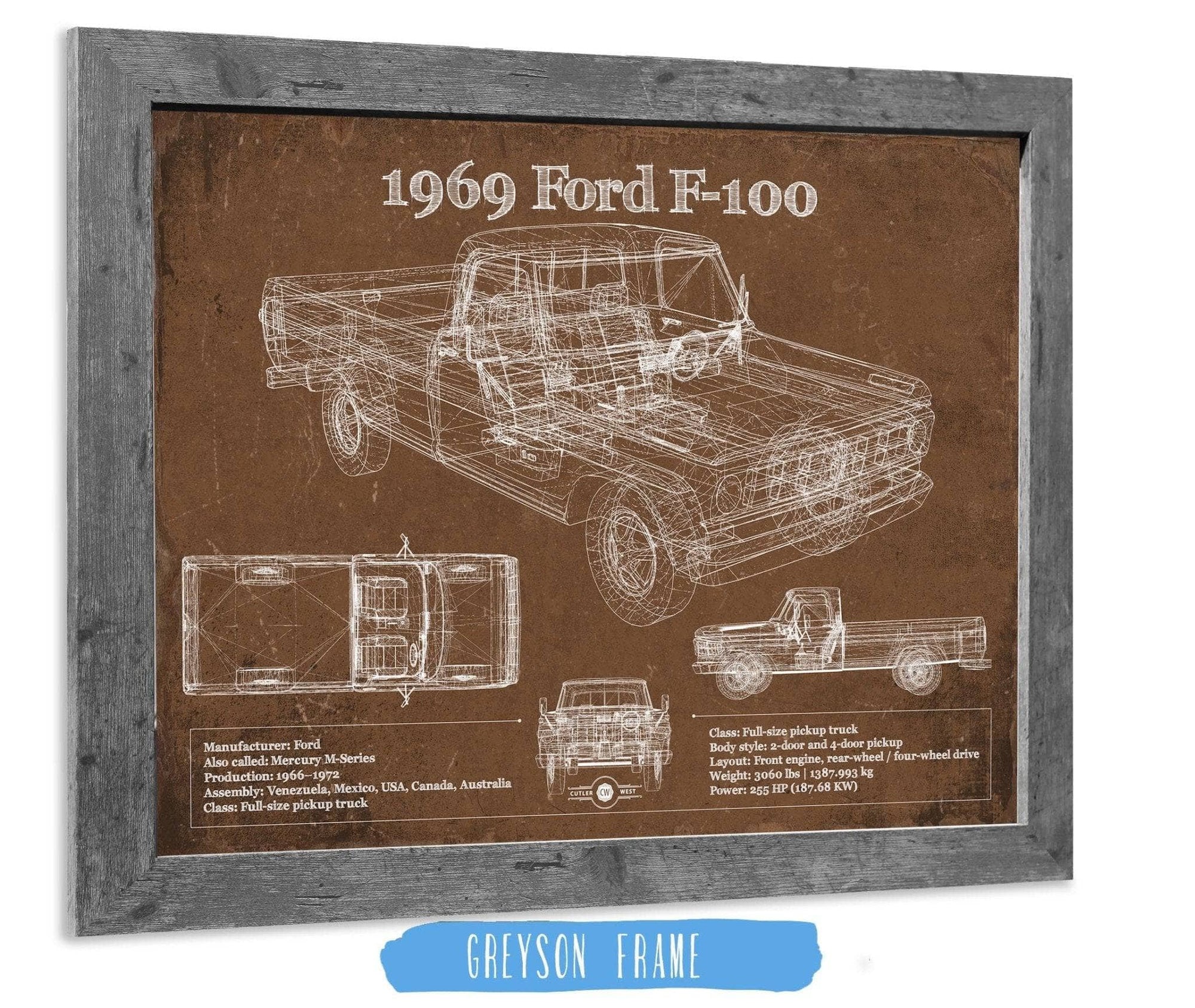 Cutler West Ford Collection 14" x 11" / Greyson Frame 1969 Ford F-100 Pickup Vintage Blueprint Auto Print 933311135_42144