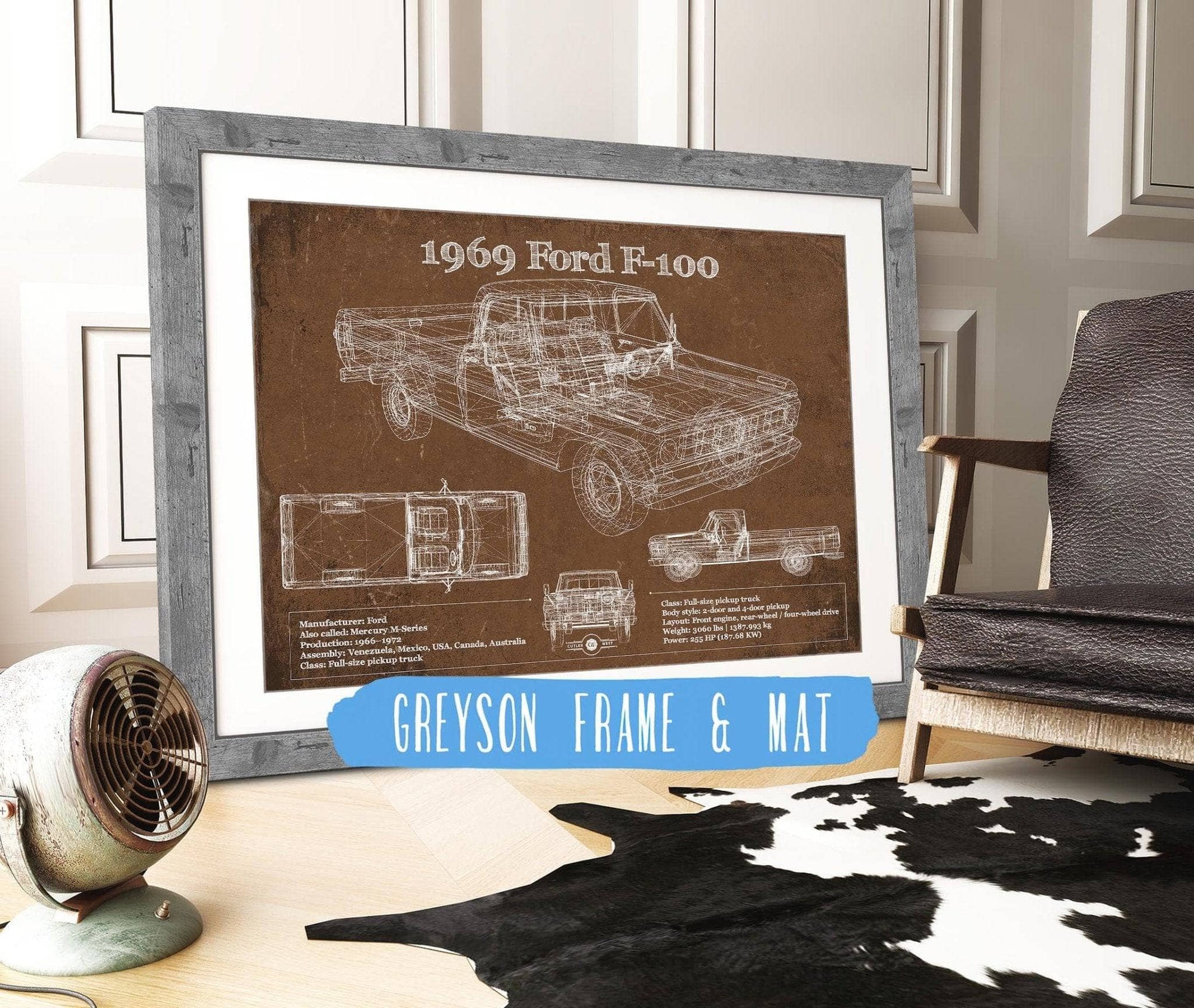Cutler West Ford Collection 14" x 11" / Greyson Frame & Mat 1969 Ford F-100 Pickup Vintage Blueprint Auto Print 933311135_42145