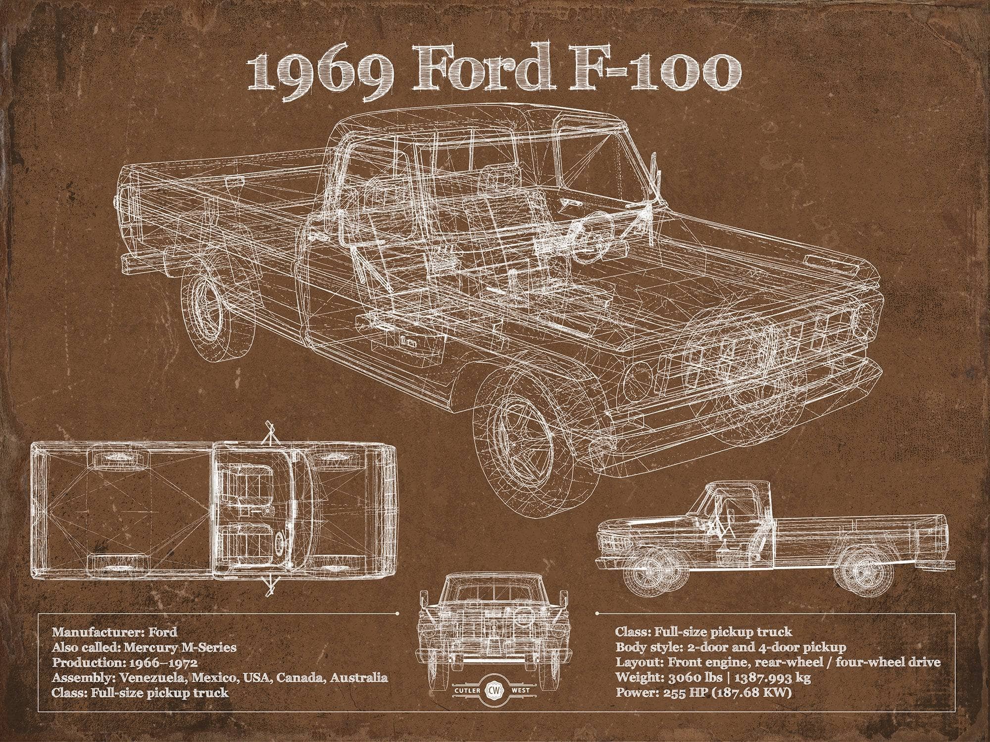 Cutler West Ford Collection 14" x 11" / Unframed 1969 Ford F-100 Pickup Vintage Blueprint Auto Print 933311135_42137