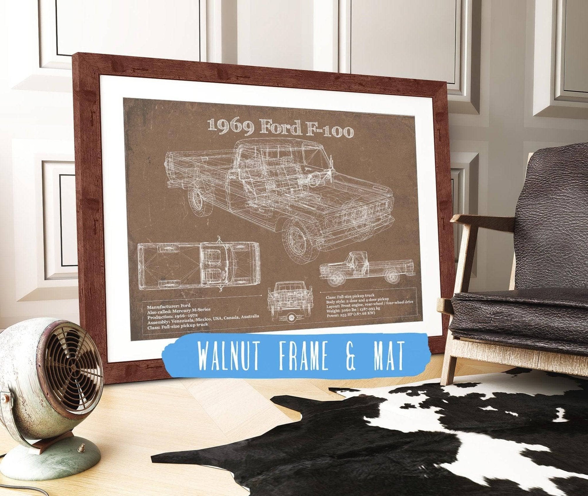 Cutler West Ford Collection 14" x 11" / Walnut Frame & Mat 1969 Ford F-100 Pickup Vintage Blueprint Auto Print 933311135_42141