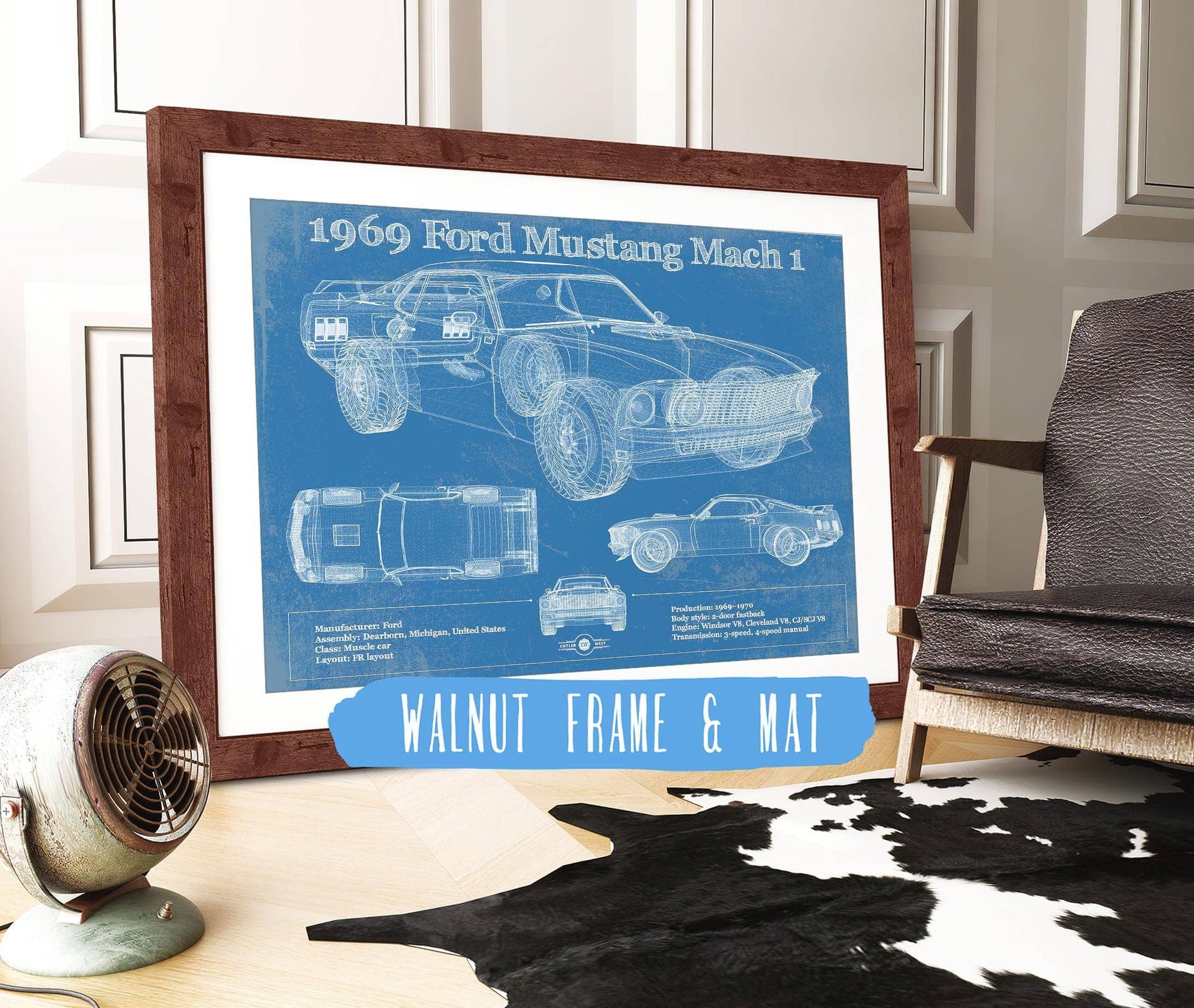 Cutler West Ford Collection 14" x 11" / Walnut Frame & Mat 1969 Ford Mustang Mach 1 Vintage Blueprint Auto Print 833110166_42075