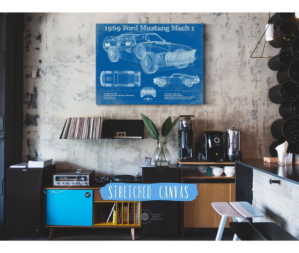 14" x 11" / Stretched Canvas Wrap Cutler West 1969 Ford Mustang Mach 1 Vintage Blueprint Auto Print