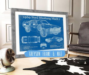 14" x 11" / Greyson Frame & Mat Cutler West 1969 Ford Mustang Mach 1 Vintage Blueprint Auto Print
