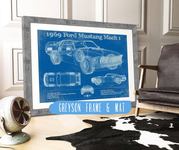 14" x 11" / Greyson Frame & Mat Cutler West 1969 Ford Mustang Mach 1 Vintage Blueprint Auto Print