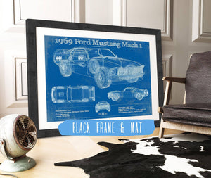 20" x 16" / Black Frame & Mat Cutler West 1969 Ford Mustang Mach 1 Vintage Blueprint Auto Print