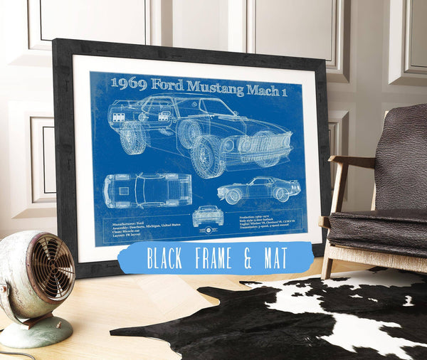 20" x 16" / Black Frame & Mat Cutler West 1969 Ford Mustang Mach 1 Vintage Blueprint Auto Print