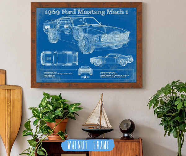 20" x 16" / Walnut Frame Cutler West 1969 Ford Mustang Mach 1 Vintage Blueprint Auto Print
