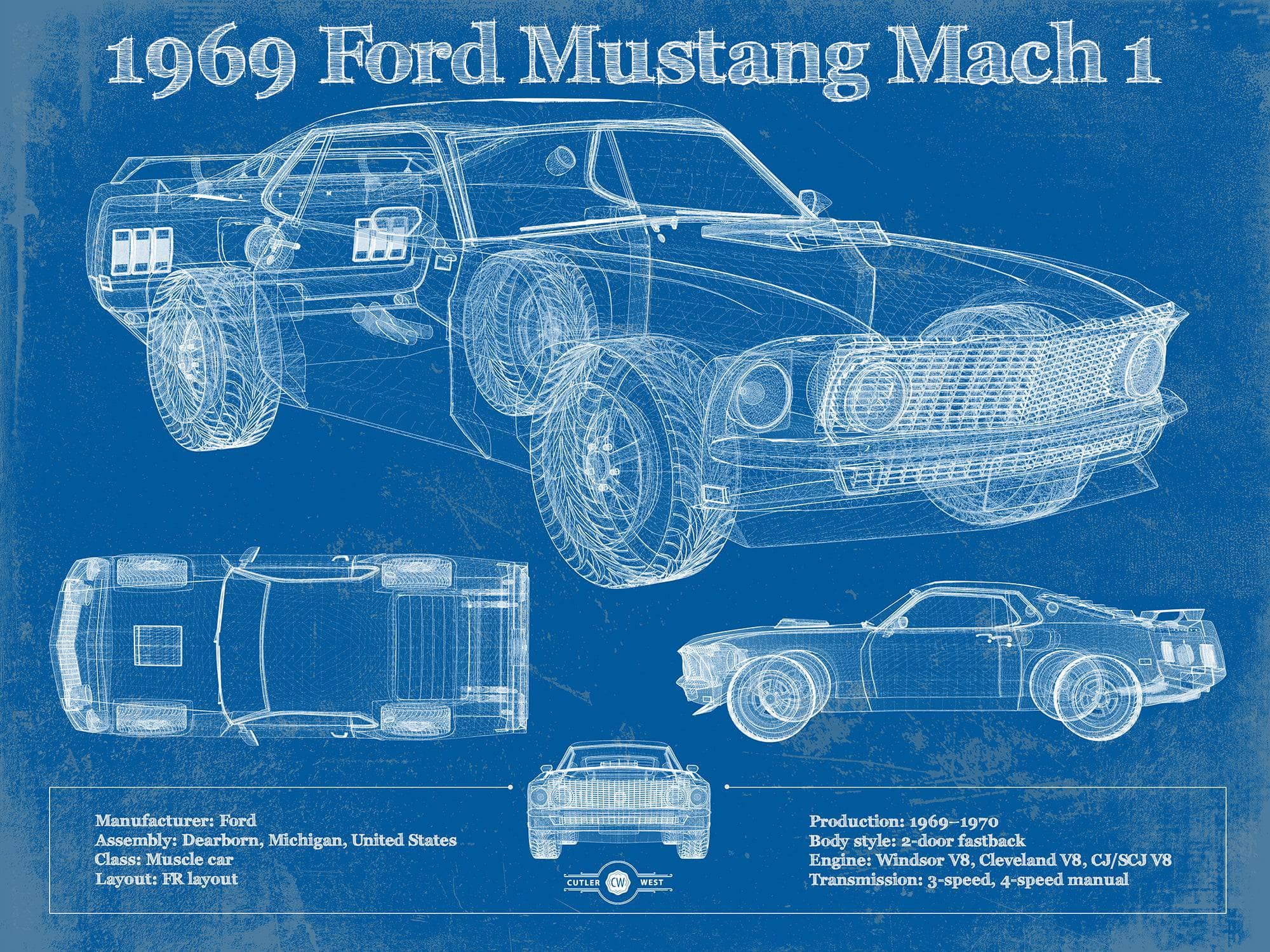 Cutler West Ford Collection 14" x 11" / Unframed 1969 Ford Mustang Mach 1 Vintage Blueprint Auto Print 833110166_42071