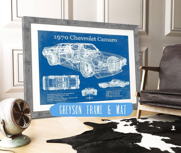 14" x 11" / Greyson Frame & Mat Cutler West 1970 Chevrolet Split Bumper Camaro Blueprint Vintage Auto Patent Print