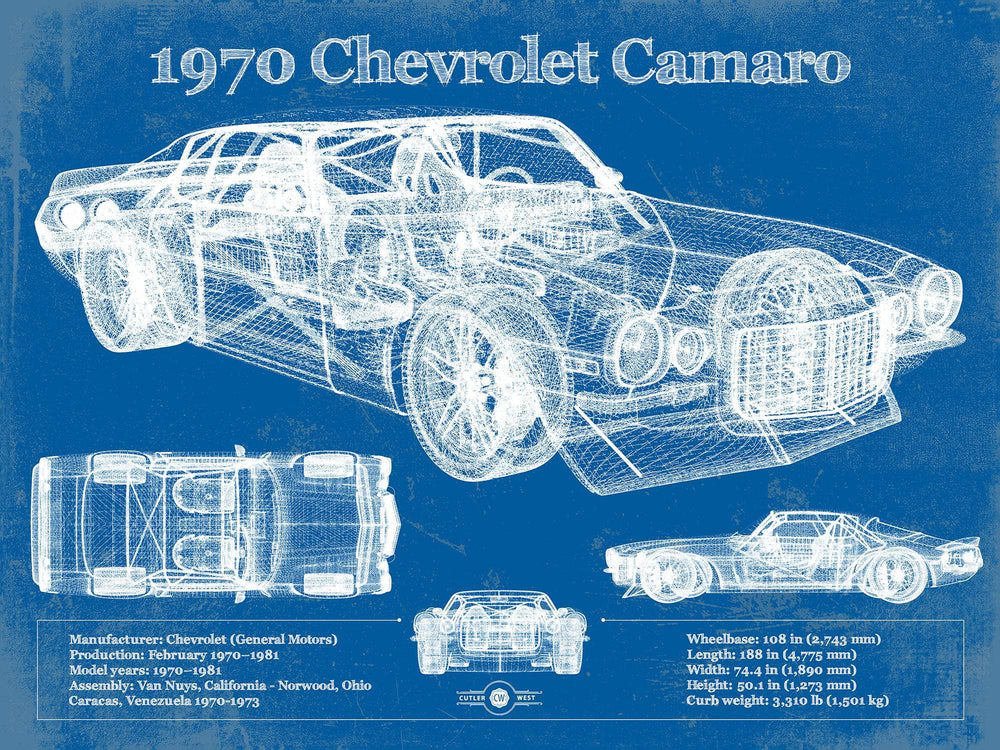 14" x 11" / Stretched Canvas Wrap Cutler West 1970 Chevrolet Split Bumper Camaro Blueprint Vintage Auto Patent Print