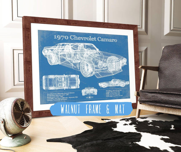 20" x 16" / Walnut Frame & Mat Cutler West 1970 Chevrolet Split Bumper Camaro Blueprint Vintage Auto Patent Print