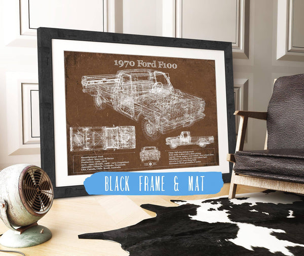 20" x 16" / Black Frame & Mat Cutler West 1970 Ford F100 Vintage Blueprint Auto Print