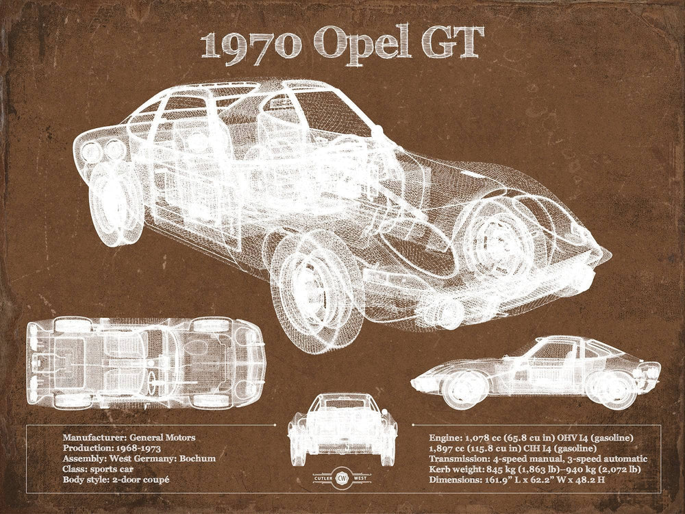 14" x 11" / Stretched Canvas Wrap Cutler West 1970 Opel GT Original Vintage Car Print