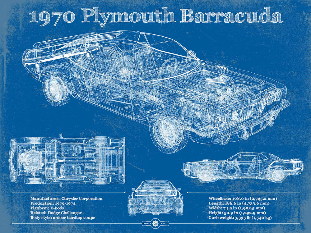 14" x 11" / Stretched Canvas Wrap Cutler West 1970 Plymouth Barracuda Original Blueprint Art