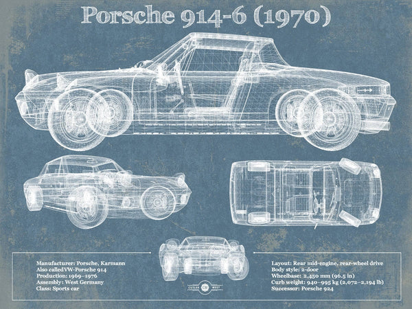 14" x 11" / Unframed Cutler West 1970 Porsche 914-6 Vintage Blueprint Auto Print