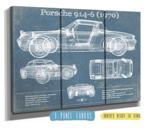 36" x 24" / 3 Panel Canvas Wrap Cutler West 1970 Porsche 914-6 Vintage Blueprint Auto Print