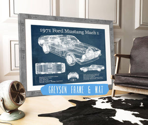 14" x 11" / Greyson Frame & Mat Cutler West 1971-1973 Ford Mustang Mach 1 First Gen Mustang Facelift Vintage Blueprint Auto Print
