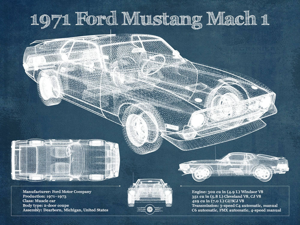 14" x 11" / Stretched Canvas Wrap Cutler West 1971-1973 Ford Mustang Mach 1 First Gen Mustang Facelift Vintage Blueprint Auto Print