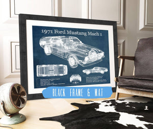 20" x 16" / Black Frame & Mat Cutler West 1971-1973 Ford Mustang Mach 1 First Gen Mustang Facelift Vintage Blueprint Auto Print