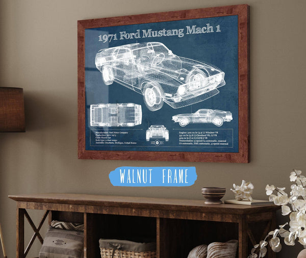 20" x 16" / Walnut Frame Cutler West 1971-1973 Ford Mustang Mach 1 First Gen Mustang Facelift Vintage Blueprint Auto Print