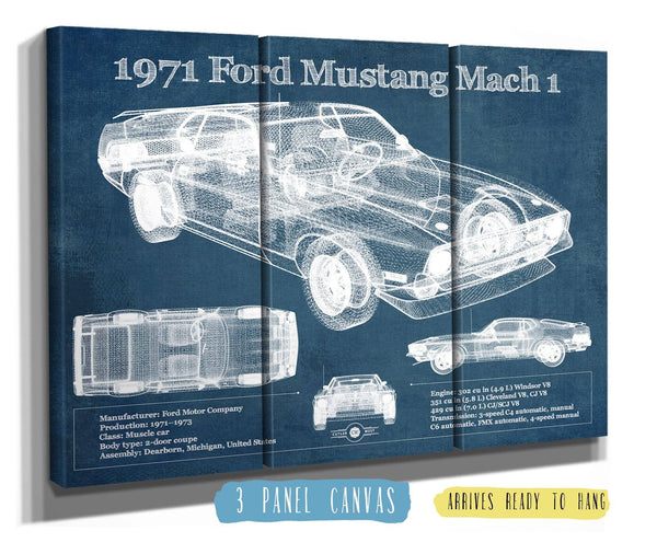 36" x 24" / 3 Panel Canvas Wrap Cutler West 1971-1973 Ford Mustang Mach 1 First Gen Mustang Facelift Vintage Blueprint Auto Print