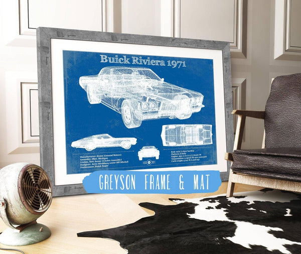 14" x 11" / Greyson Frame & Mat Cutler West 1971 Buick Riviera Blueprint Vintage Auto Print
