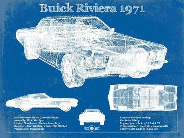 14" x 11" / Unframed Cutler West 1971 Buick Riviera Blueprint Vintage Auto Print