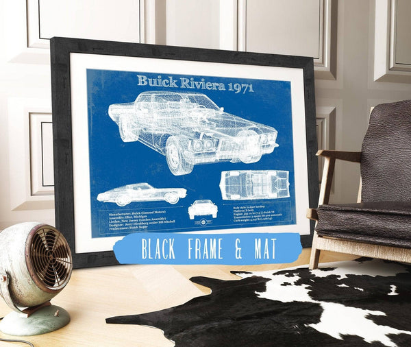 20" x 16" / Black Frame & Mat Cutler West 1971 Buick Riviera Blueprint Vintage Auto Print