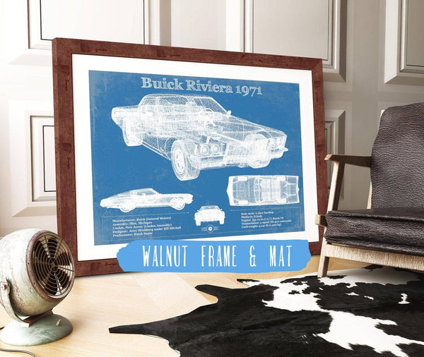 20" x 16" / Walnut Frame & Mat Cutler West 1971 Buick Riviera Blueprint Vintage Auto Print
